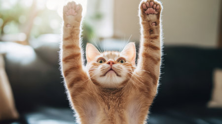 A playful ginger cat raises its paws in joy, capturing attention with a curious expression. The warm indoor light highlights its fluffy fur and cute features.の素材