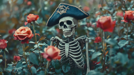 A whimsical skeleton pirate character poses among vibrant roses, creating a unique mix of spooky and playful. Perfect for autumn or themed celebrations.の素材