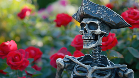 A captivating pirate skeleton stands amongst red roses in a lush garden, blending elements of whimsy and spookiness, perfect for seasonal decor or artistic inspiration.の素材