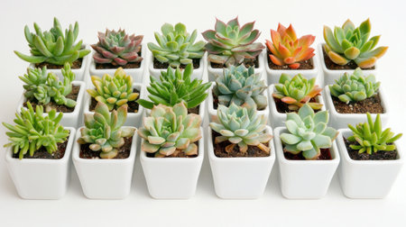 A vibrant display of small succulent plants in white square pots ideal for home decor and gardening inspiration. Enjoy their lush beauty indoors.の素材