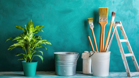 This image showcases essential tools for home renovation, featuring a vibrant teal wall, a ladder, paint brushes, and a decorative houseplant, ideal for DIY projects.の素材