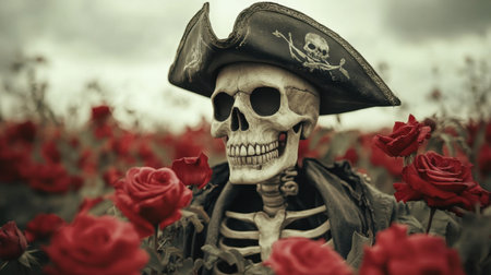 A skeleton pirate sits among vibrant red roses in an eerie field. This captivating scene blends beauty with a touch of the macabre, inviting curiosity and intrigue.の素材