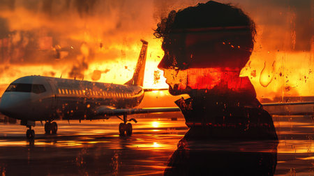 A striking silhouette of a man is illuminated by a vibrant sunset, set against an airplane at the airport, capturing a moment of reflection and anticipation.の素材