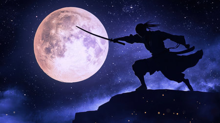 A dynamic silhouette of a warrior wielding a sword, set against a full moon and a starry night sky. This image captures the essence of adventure and strength.の素材
