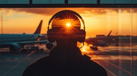 A silhouette of a person wearing headphones gazes at a stunning sunset in an airport terminal, creating a serene moment of reflection and travel inspiration.の素材