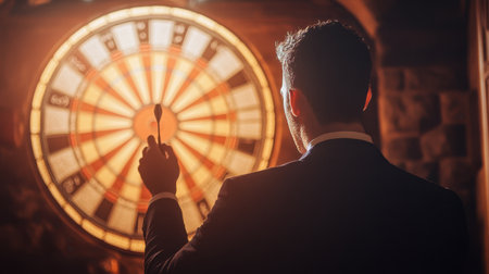 A stylish person in a suit stands poised to throw a dart at a vintage dartboard. The dim lighting creates an engaging atmosphere for a competitive game.の素材