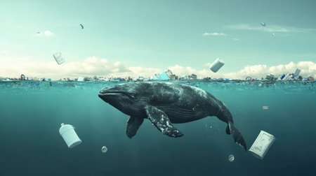 A dramatic image of a whale swimming in the ocean, surrounded by plastic and waste, highlighting the urgent need for marine conservation and pollution awareness.の素材