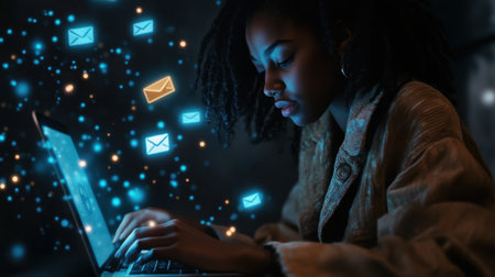 A young woman types on her laptop in a dark setting, surrounded by glowing email notifications, illustrating modern communication and digital engagement.の素材