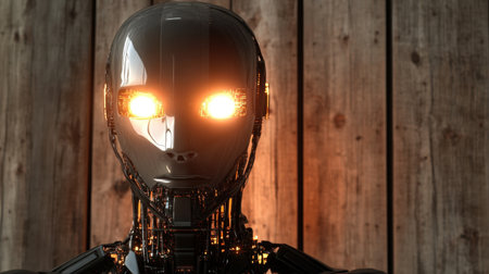 A striking portrait of a futuristic robot with glowing eyes set against a wooden background, symbolizing the fusion of technology and nature, inviting contemplation on artificial intelligence and innovation.の素材