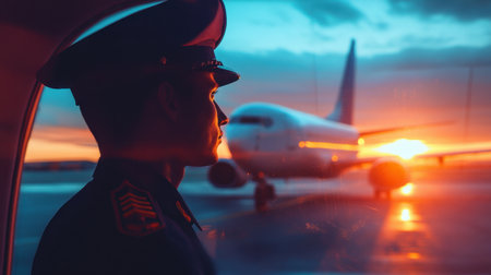 A striking silhouette of an officer gazing out at the sunset through a window, with an airplane in the background. This image captures themes of duty and aviation.の素材