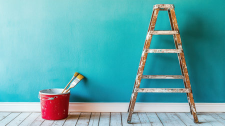 A vintage wooden ladder stands next to a red paint bucket and brush against a vibrant teal wall, showcasing a fresh DIY project in a modern interior space.の素材