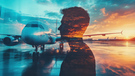 Captivating silhouette of a person juxtaposed with an airplane and a vibrant sunset. This image evokes a sense of adventure and the allure of travel.の素材
