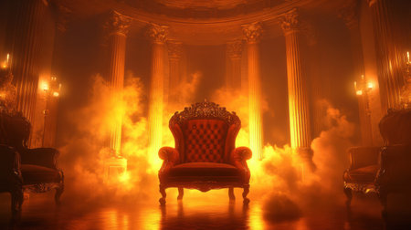 A stunning royal throne enveloped in flames and smoke, set against grand pillars, creates an enchanting atmosphere filled with mystery and elegance.の素材