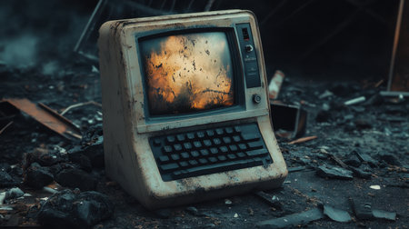 An abandoned retro computer rests among ash and debris, evoking feelings of nostalgia and decay. Its weathered exterior contrasts sharply with the surrounding remnants of destruction.の素材