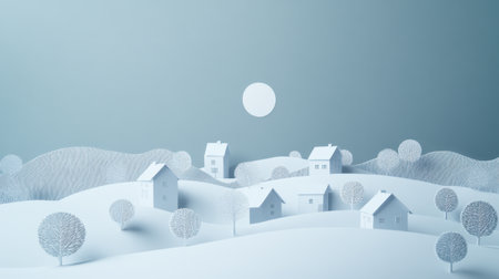This serene winter landscape features delicate paper houses and trees, bathed in soft light. A tranquil scene that captures the essence of winter's beauty and simplicity.の素材