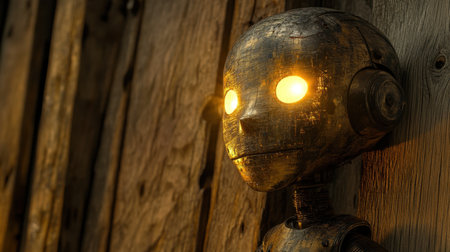 This artistic image features a wooden robot character with glowing eyes, evoking a sense of warmth and vintage charm against a rustic wooden backdrop.の素材