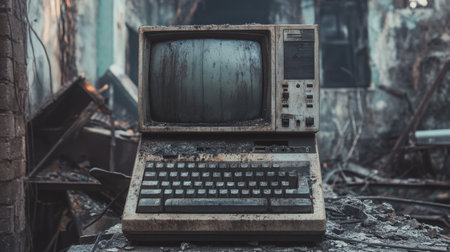 A vintage computer sits amidst the ruins of an abandoned building, surrounded by decay and neglect. This eerie setting evokes a sense of nostalgia and history.の素材