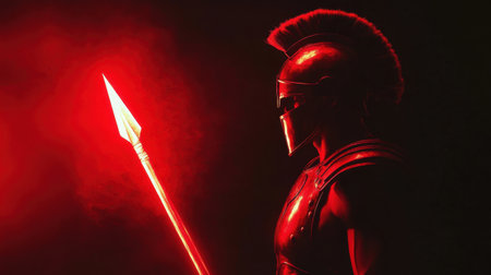 A powerful silhouette of a warrior holding a spear against a dark backdrop, dramatically illuminated by red lights. The composition evokes strength and intensity.の素材