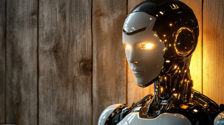 A striking close-up of a futuristic robot figure showcasing glowing elements against a rustic wood background, symbolizing innovation and artificial intelligence.の素材