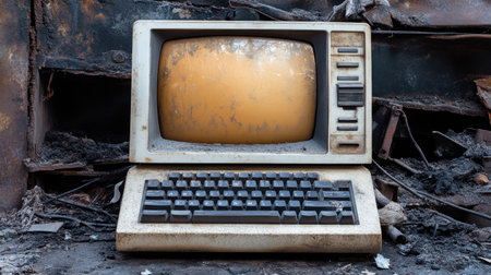 A vintage computer with a yellowed screen sits in an abandoned space, surrounded by rust and burn damage. The scene evokes nostalgia and reflects technological decay.の素材