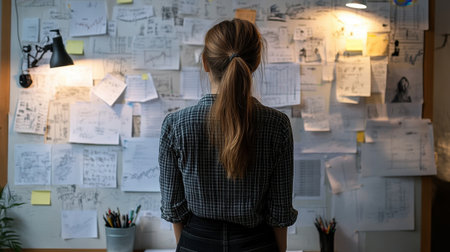 A woman stands in a creative workspace, analyzing various business plans and charts pinned on the wall. The atmosphere is inspiring and focused.の素材