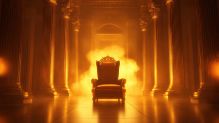 A striking throne sits in a grand, dimly lit hallway, surrounded by warm golden light. The scene captures a sense of power, mystery, and opulence, ideal for artistic and imaginative themes.の素材