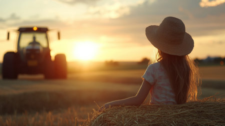 A child sits on a hay bale, gazing at a stunning sunset over a farm as a tractor works in the distance, capturing the essence of rural life and tranquility.の素材