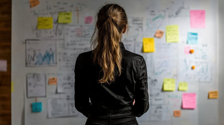 A woman stands with her back to the camera, analyzing charts and notes on a wall in a creative office space, embodying inspiration and focus in her work.の素材