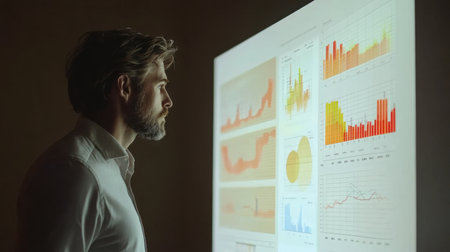 A business professional focuses on data visualizations displayed on a large screen, analyzing statistics and trends for informed decision-making.の素材