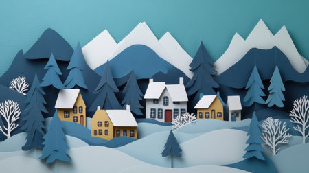 Beautiful winter village scene created with paper cutouts featuring colorful houses, snowy mountains, and serene trees. Perfect for seasonal projects.の素材