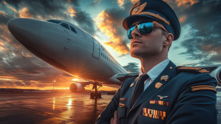 A confident pilot stands before a majestic airplane at sunset, showcasing aviation pride. The dramatic sky reflects colors of adventure and professionalism.の素材