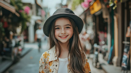 A charming young girl smiles brightly while standing in a vibrant urban street. She wears a stylish hat and a floral shirt, radiating joy and personality.の素材