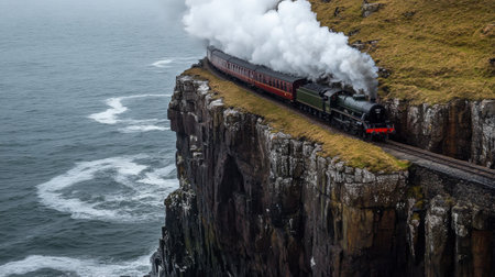A historic steam locomotive steams along a rugged cliffside track, overlooking crashing ocean waves. This captivating scene blends travel adventure and stunning natural beauty.の素材