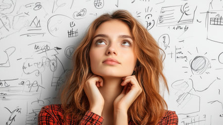 A thoughtful young woman gazes upwards with a serene expression, surrounded by playful sketches on a white wall. Her casual style complements the creative atmosphere.の素材