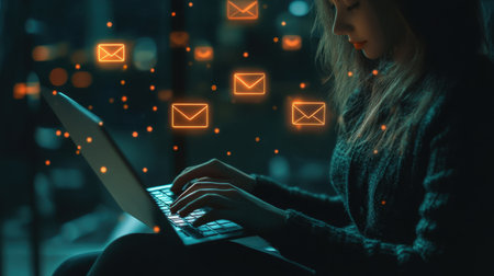 A woman focuses on her laptop while email notifications hover around her. The dark atmosphere enhances the modern digital communication theme, perfect for tech content.の素材