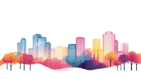 This vibrant illustration showcases a colorful urban skyline surrounded by autumn trees, featuring a gradient background that adds depth and beauty.の素材