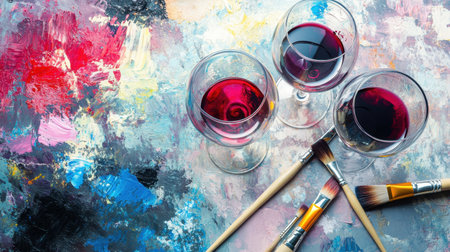 Three elegant wine glasses filled with rich red wine sit beside paintbrushes on a vivid, colorful canvas background, embodying the fusion of art and enjoyment.の素材
