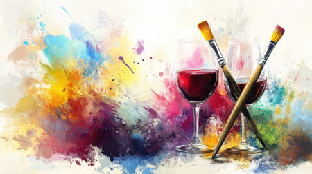 This vibrant artwork showcases two red wine glasses alongside paintbrushes, symbolizing creativity and enjoyment. Perfect for art and wine enthusiasts.の素材