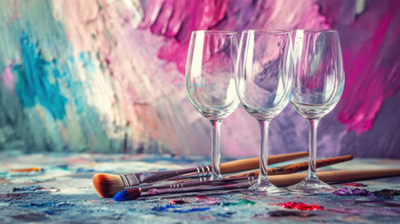 Three empty wine glasses stand elegantly alongside paintbrushes on a vibrant, colorful background, creating a blend of artistry and elegance perfect for creative projects.の素材