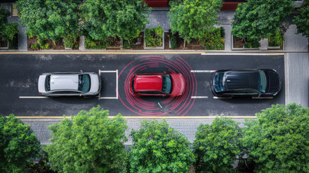 An aerial view of an autonomous vehicle maneuvering in an urban setting. The image showcases advanced parking technology and safety features amidst city greenery.の素材