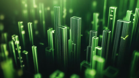An abstract digital representation of a green cityscape showcasing illuminated lines and structures, symbolizing technology, data visualization, and urban growth.の素材