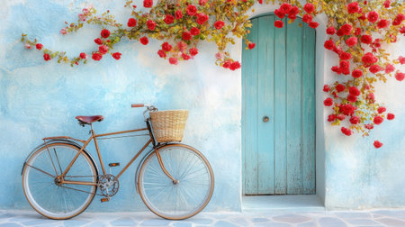 A charming vintage bicycle rests beside a blue door, adorned with vibrant red roses. This serene scene captures the essence of beauty and tranquility.の素材
