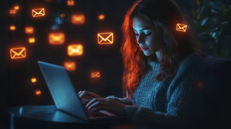 A young woman works on her laptop in a dark room, surrounded by glowing email notifications. This image captures a cozy, modern atmosphere perfect for themes of technology and communication.の素材