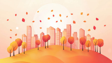This vibrant illustration showcases a serene autumn cityscape with warm tones and falling leaves, perfect for seasonal themes and urban artistry.の素材