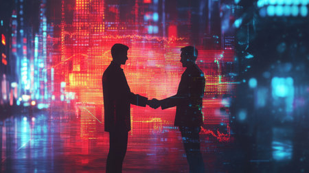 Two business partners engage in a handshake, outlined against a vibrant, futuristic digital backdrop, symbolizing collaboration and success in a high-tech world.の素材