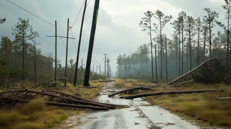 A serene yet haunting view of a rural road engulfed in destruction, featuring uprooted trees and downed power lines, showcasing the aftermath of a severe storm.の素材