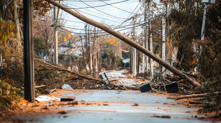 An urban street shows the aftermath of a severe weather event, featuring fallen utility poles and scattered debris, highlighting the chaos and need for recovery.の素材