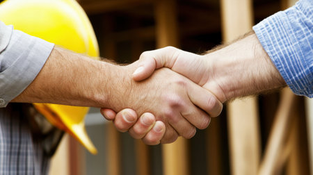 Two construction workers shake hands on a building site, symbolizing agreement and teamwork. This image captures the essence of professionalism and collaboration in the construction industry.の素材