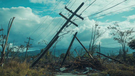 A powerful image showcasing fallen power poles and debris in a storm-damaged landscape, capturing the aftermath of severe weather and nature's impact on infrastructure.の素材