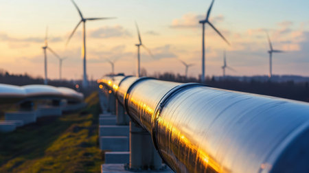 A stunning sunset view showcasing a pipeline with wind turbines in the background, highlighting the intersection of renewable energy and industrial architecture in nature.の素材